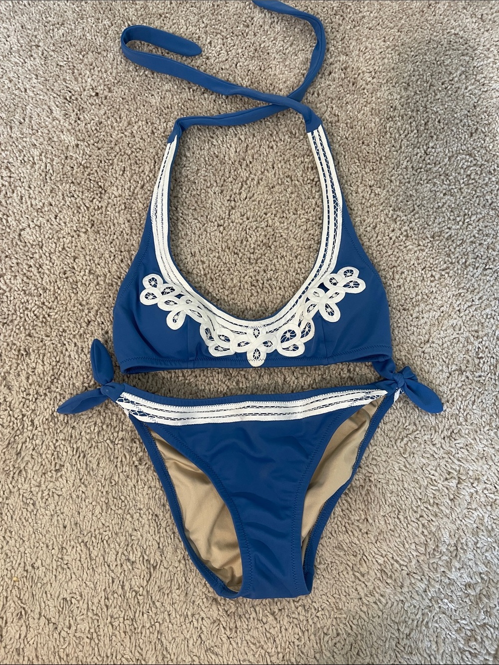 Victoria's Secret Blue and White Embroidered Halter Bikini